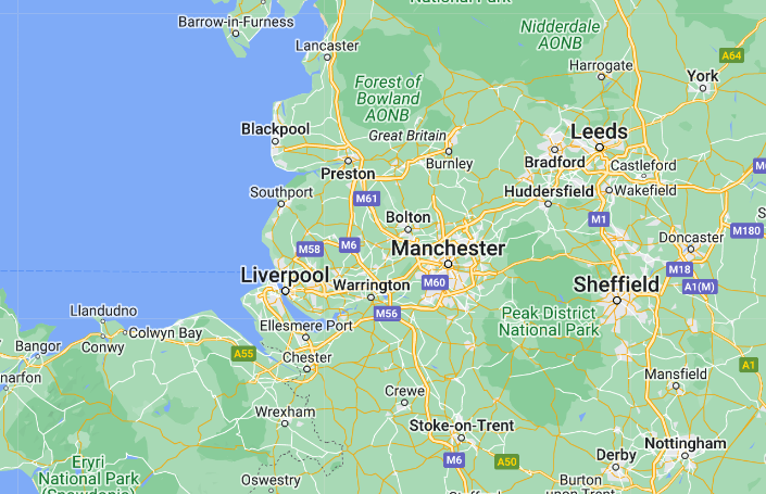 map zoomed in to Liverpool and Manchester areas