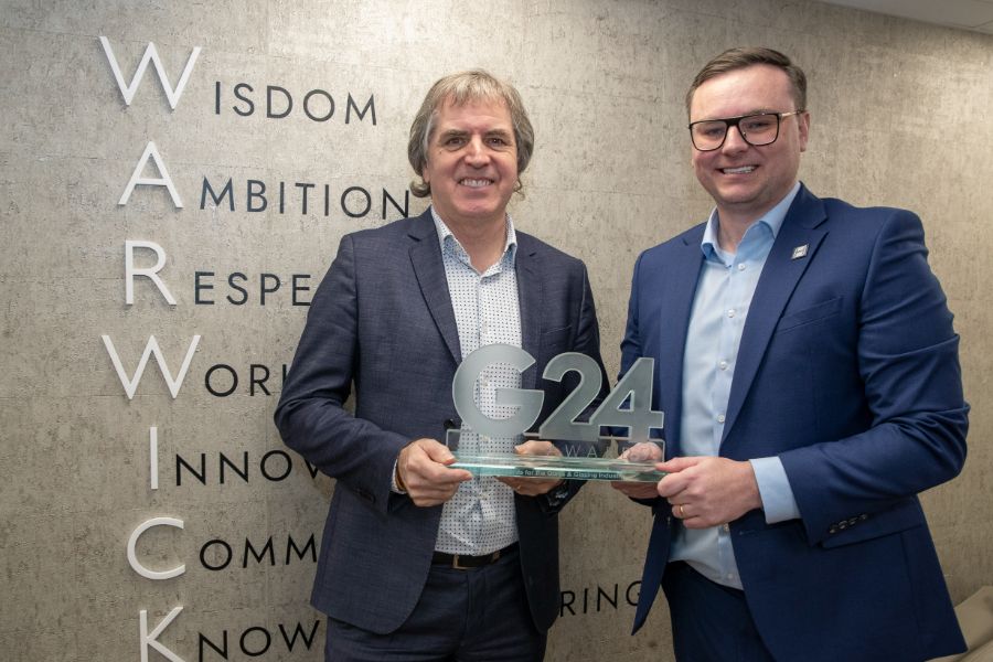 Greg Johnson and Metro Mayor Steve Rotheram holding Warwick North West’s G24 Fabricator of the Year award.